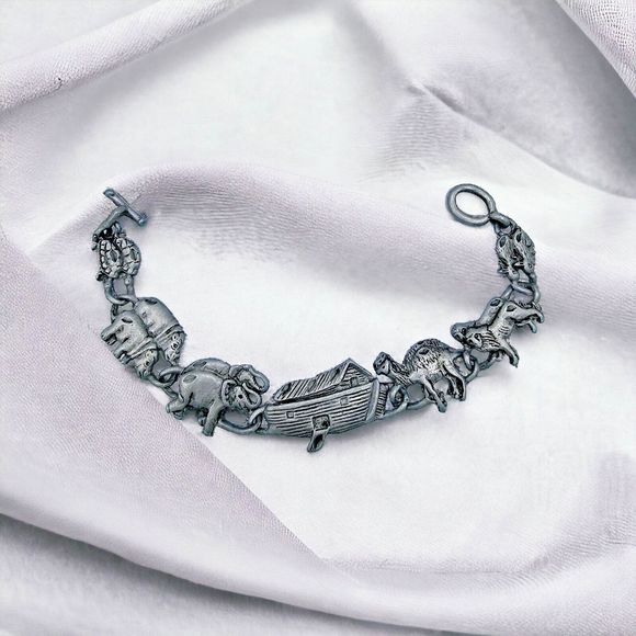Noah's Ark Bracelet Vintage Charm Pewter Christian Religious Bible Story Jewelry - Picture 1 of 8